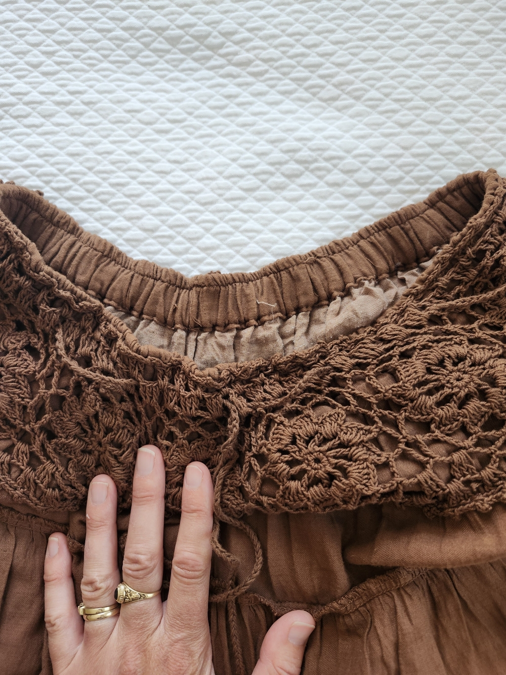 Boho Tiered Crinkle Midi Maxi Skirt with Crochet Waistband | Brown - Picture 5 of 7